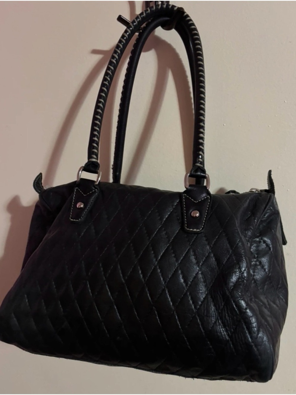 Roots Quilted Black Leather Tote Handbag - Stylish Everyday Carry